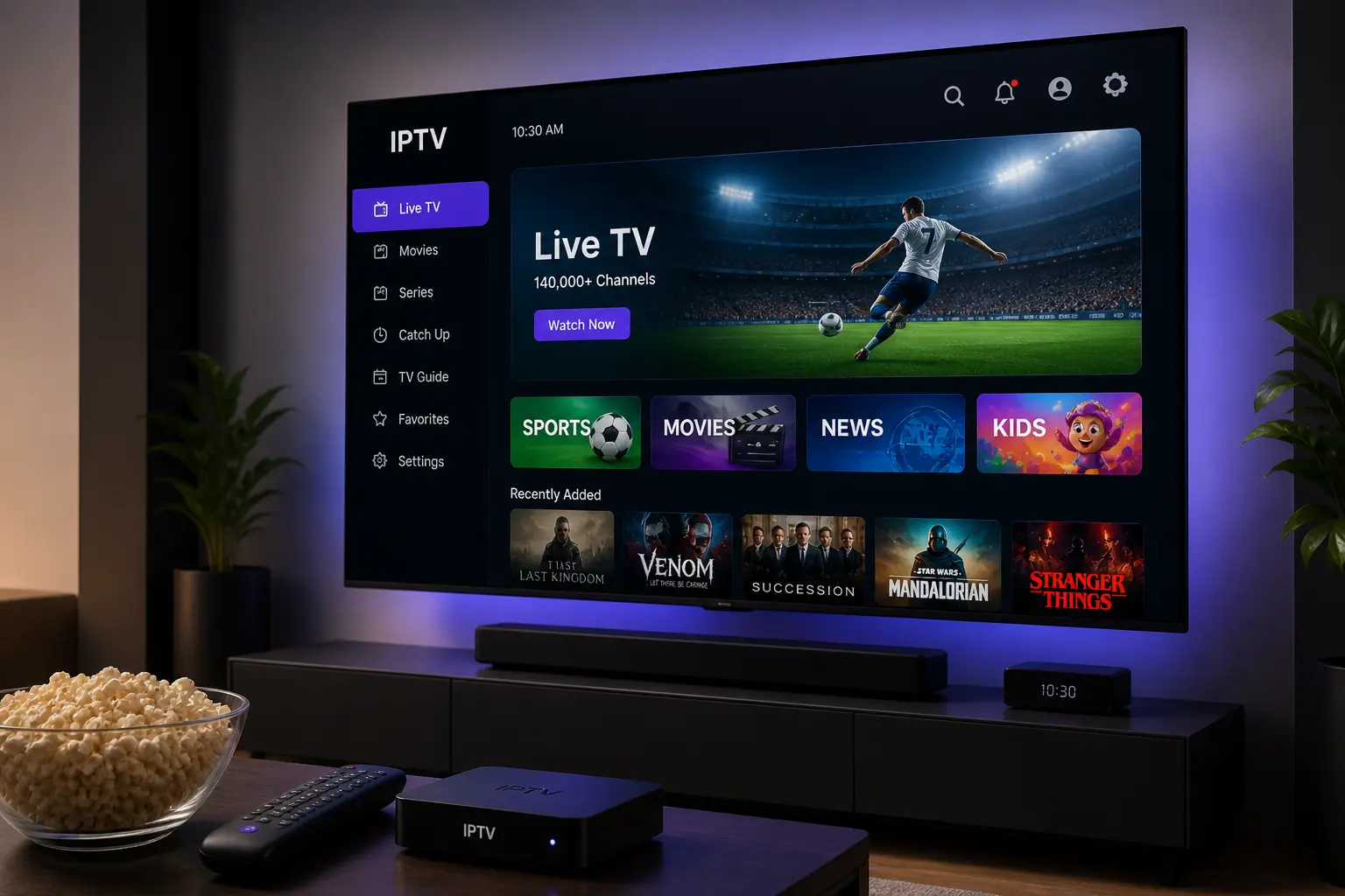 GloTV Panel IPTV streaming interface on smart TV showing live channels, movies, and series with high-quality 4K entertainment experience