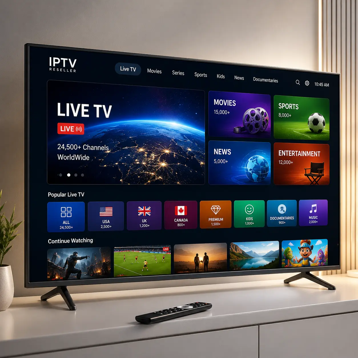 Modern IPTV interface in sleek living room