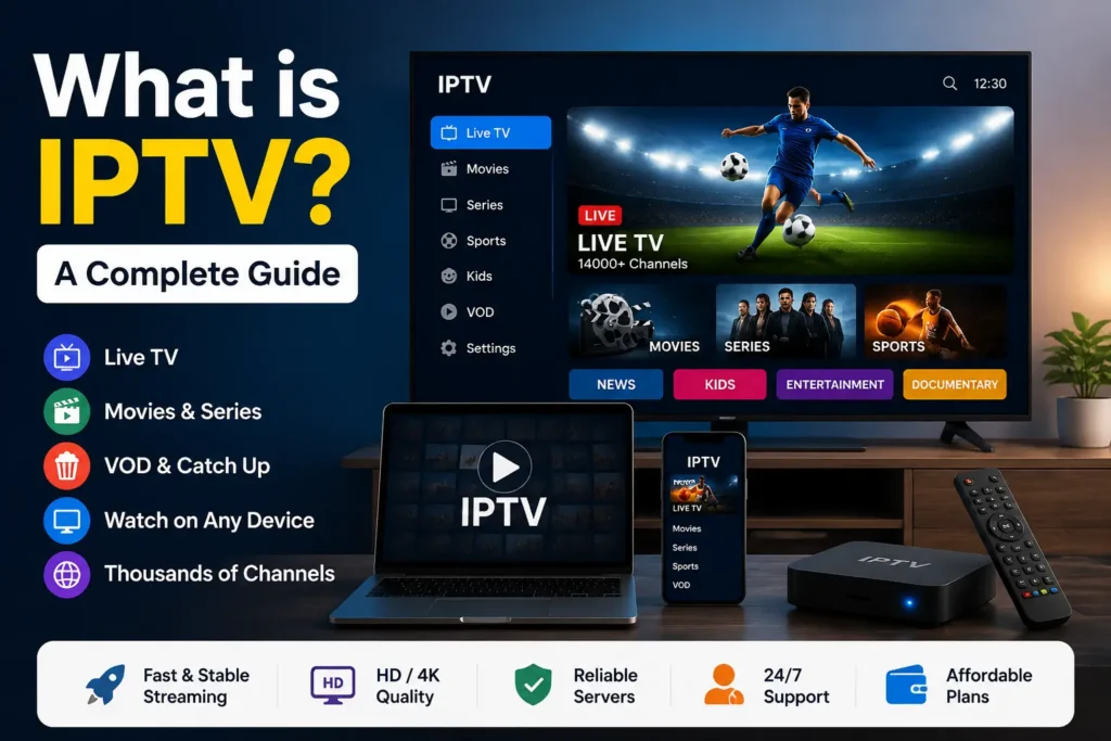 What is IPTV guide banner showing IPTV streaming interface with live TV, movies, sports, and VOD features on a smart TV setup, explaining IPTV concept and complete overview of internet-based television services.