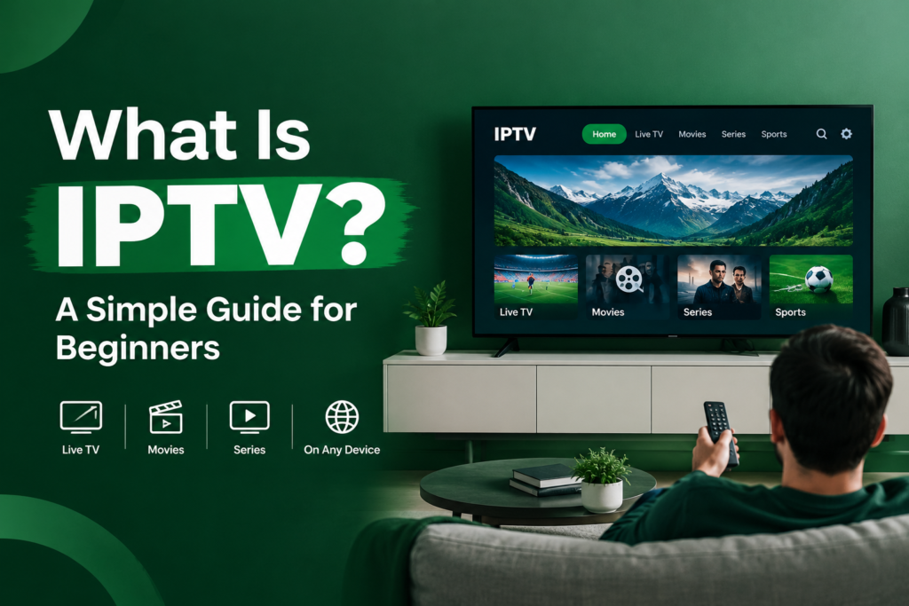 What Is IPTV? A simple guide for beginners showing IPTV streaming on a TV with live TV, movies, series, and sports.